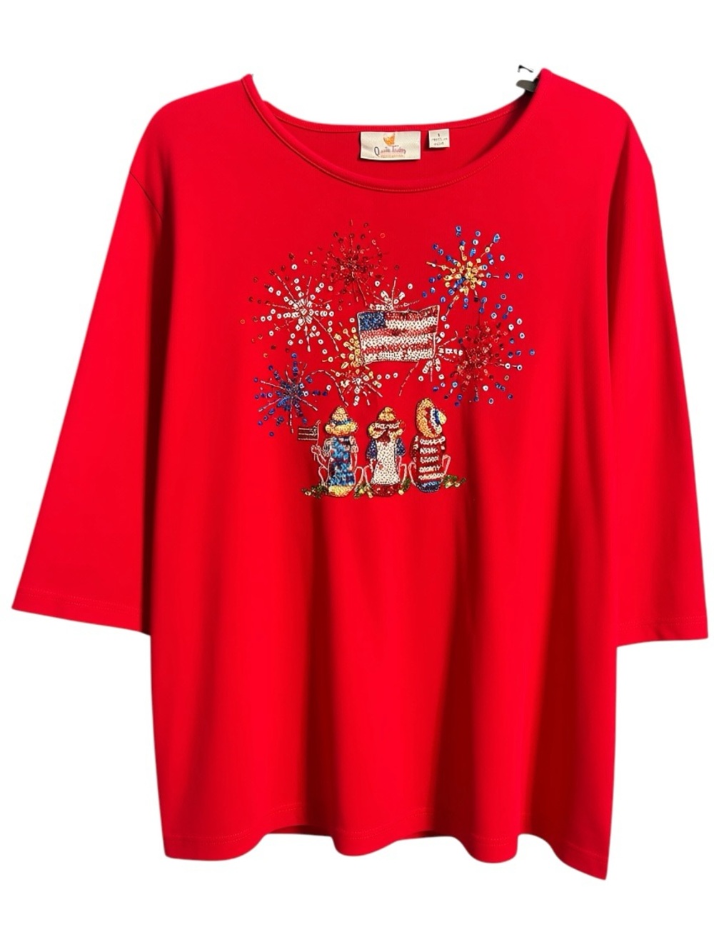 Quacker Factory Patriotic Sequin Fireworks Flag 3/4 Sleeve Top Women’s Large Red